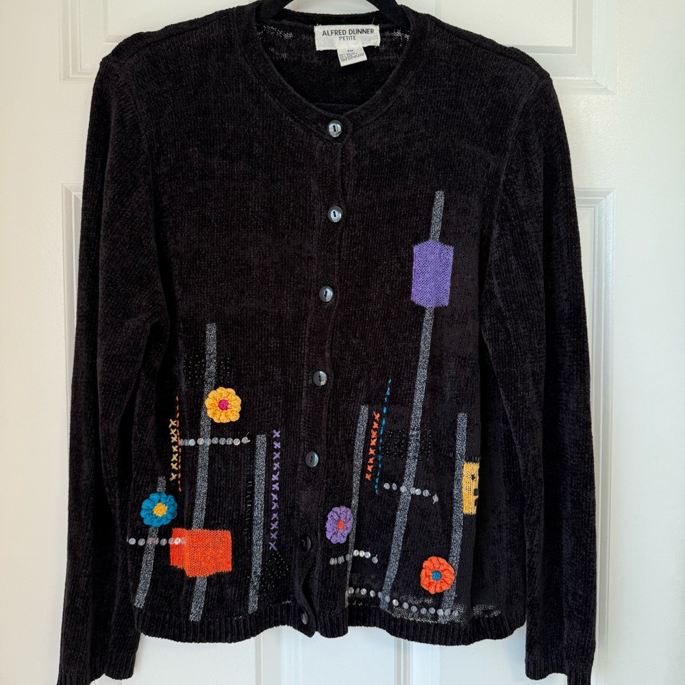 Vtg 90s Black Colorful Beaded Embellished‎ Cardigan Sweater Sz M Artsy Geometric